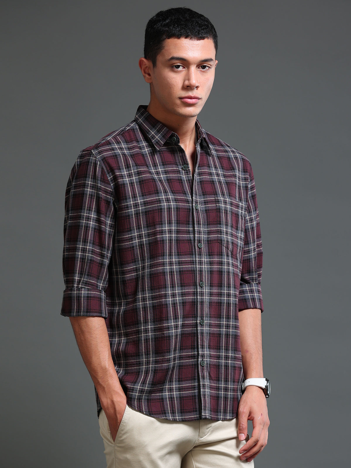 Men Melange Twill Burgundy Checks Shirts