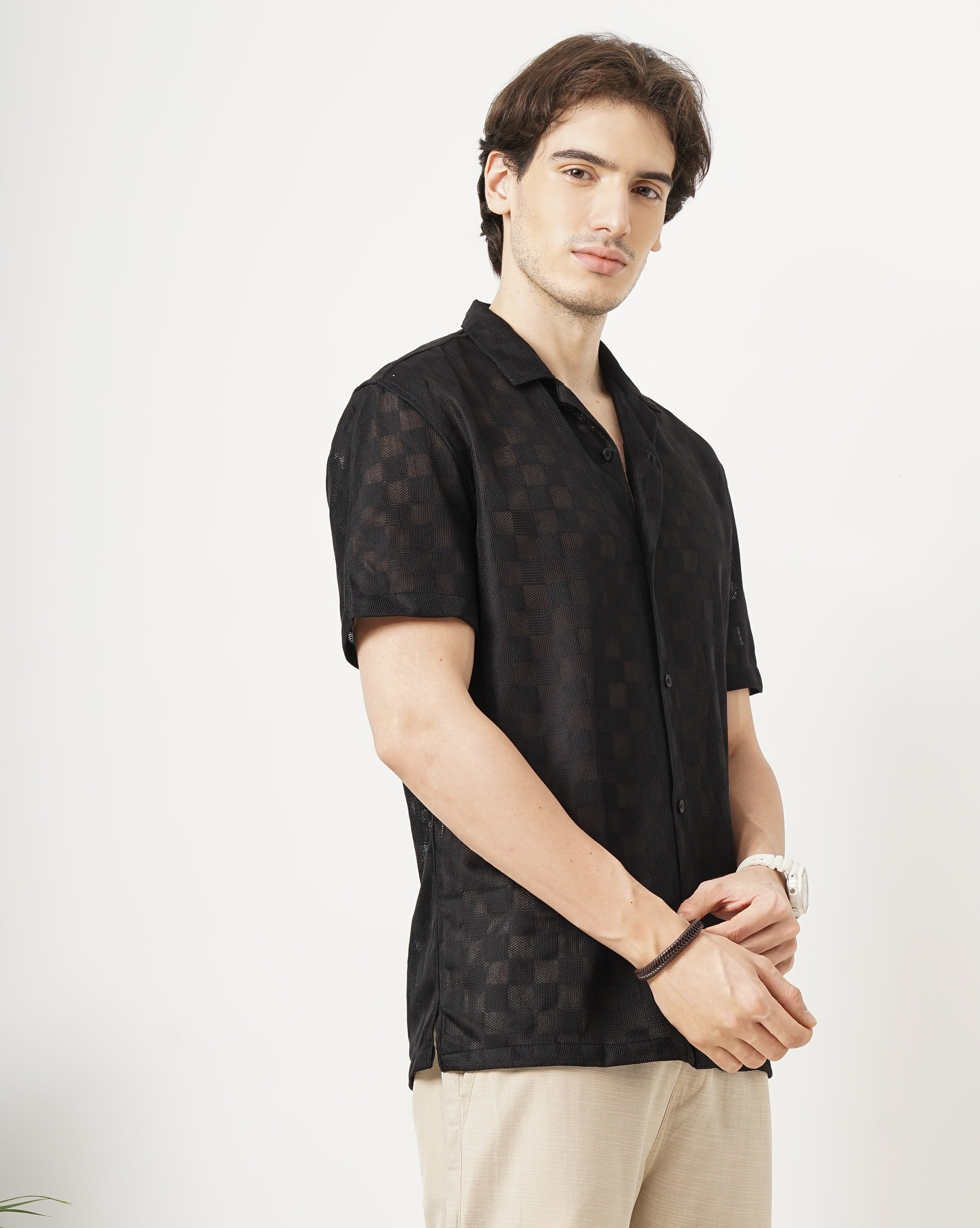 MEN'S REGULAR FIT SELF DESIGN SHIRT
