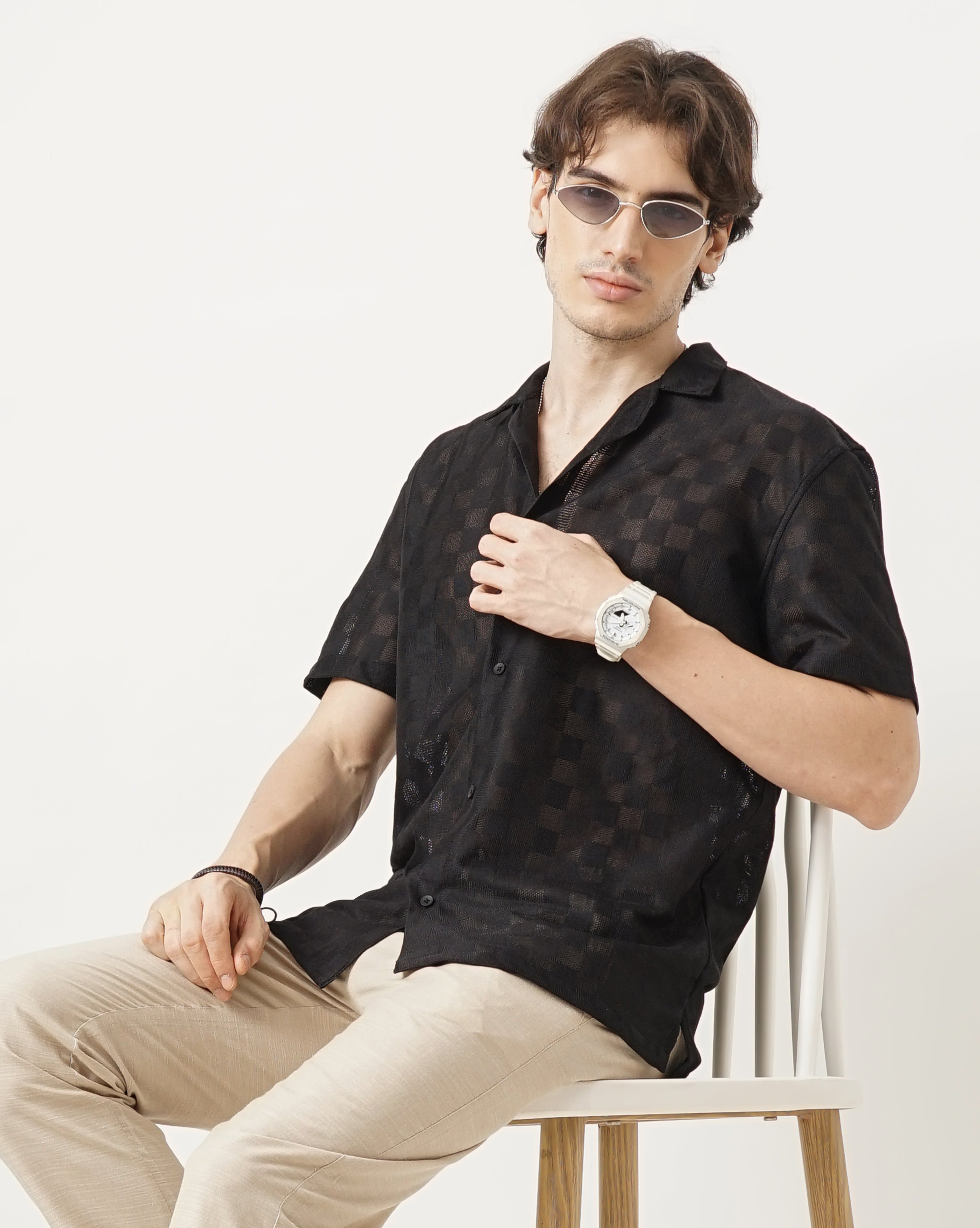 MEN'S REGULAR FIT SELF DESIGN SHIRT