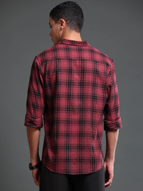 Men's Melange Twill Red Checks Shirts