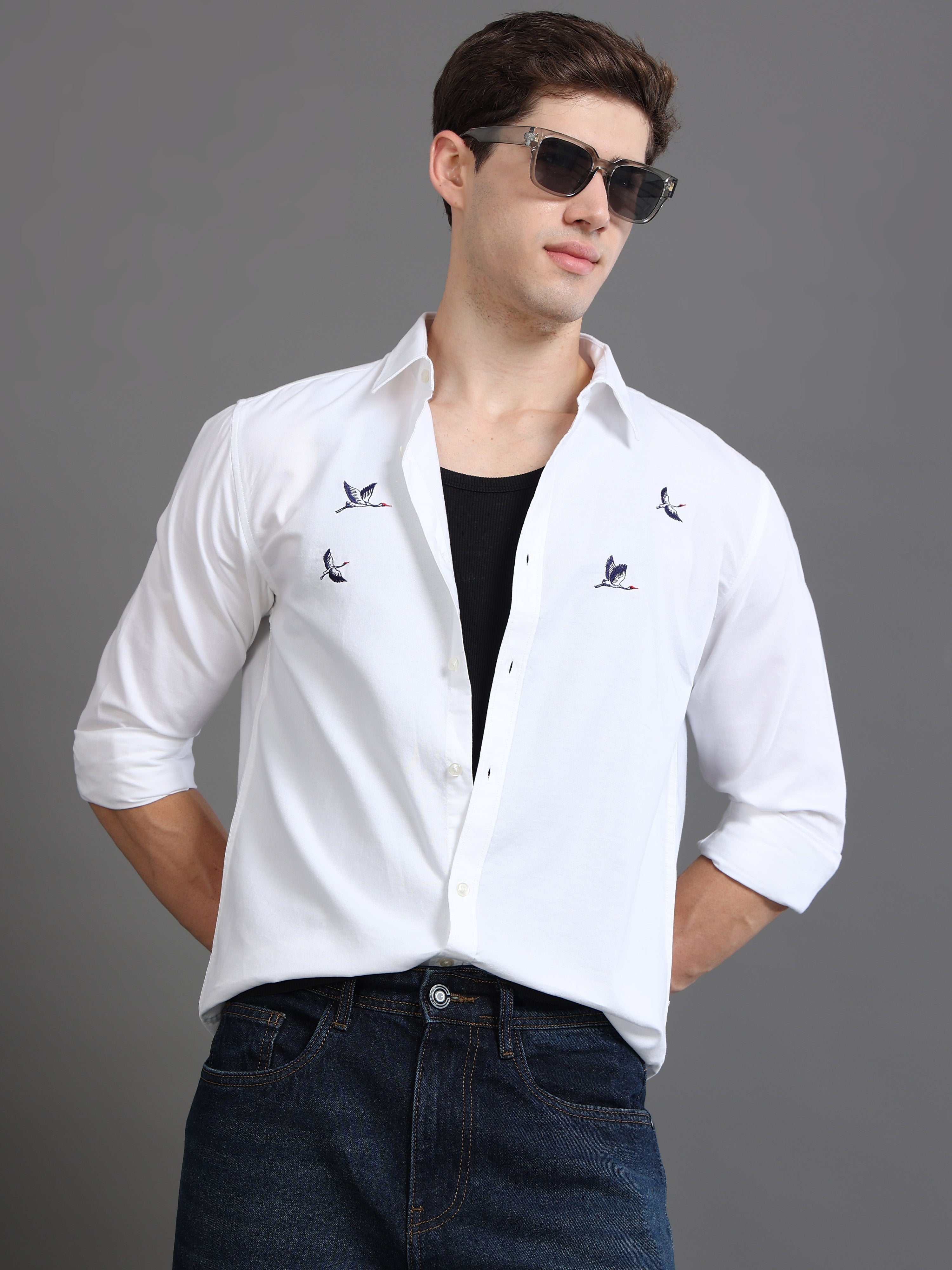 Men Oxford Embroidary Slim Fit Shirt