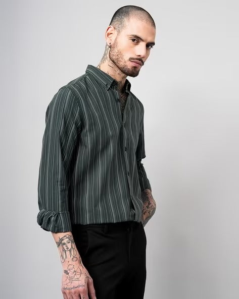 Men Comfort Button-Down Collar Vertical Striped Cotton Casual Shirt