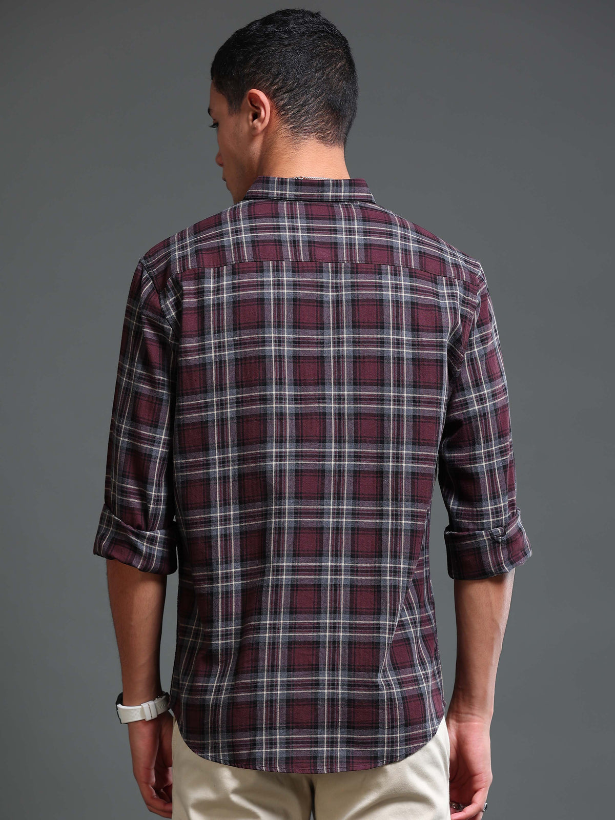 Men Melange Twill Burgundy Checks Shirts