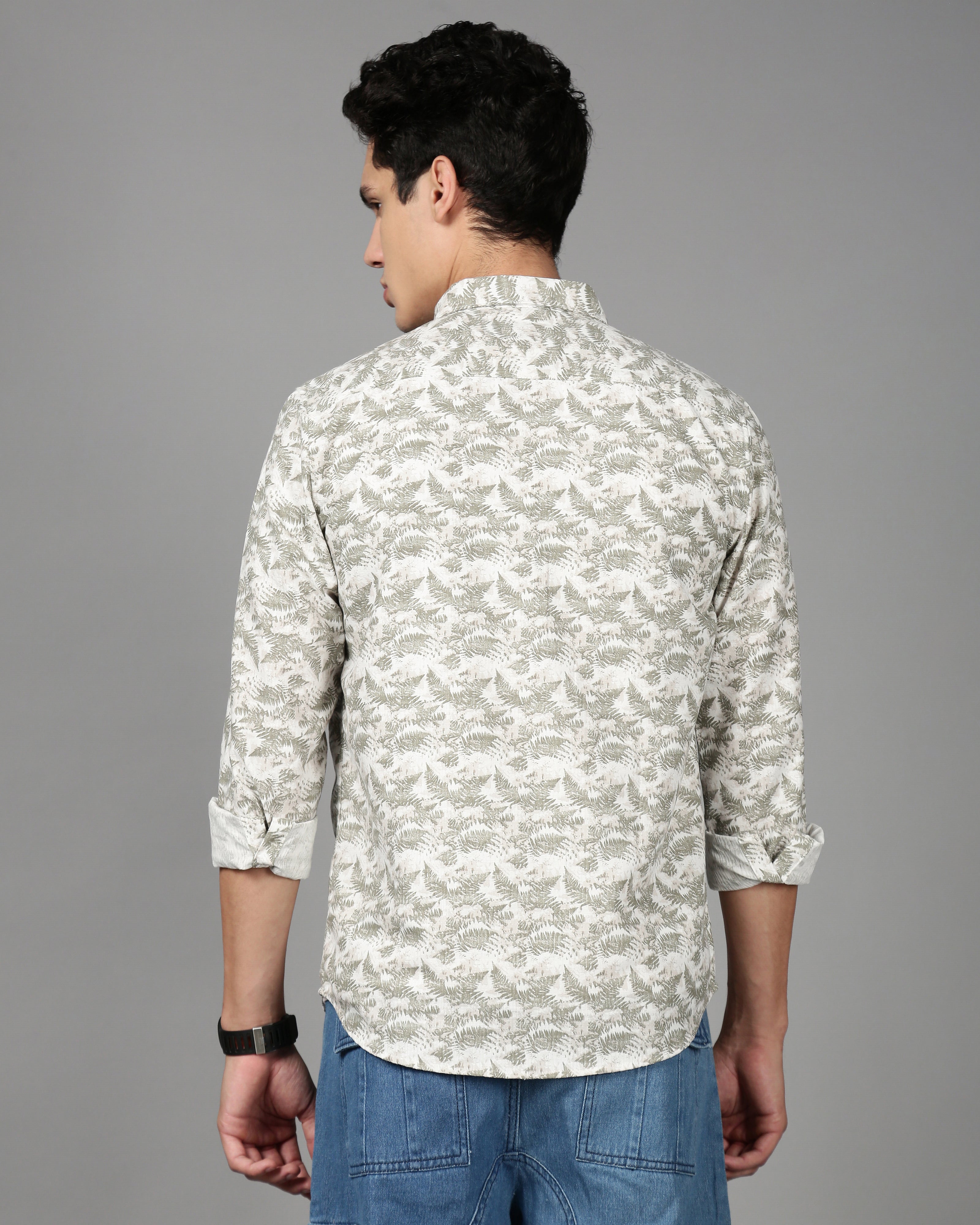Men Smart Slim Fit Floral Printed Spread Collar Cotton Casual Shirt
