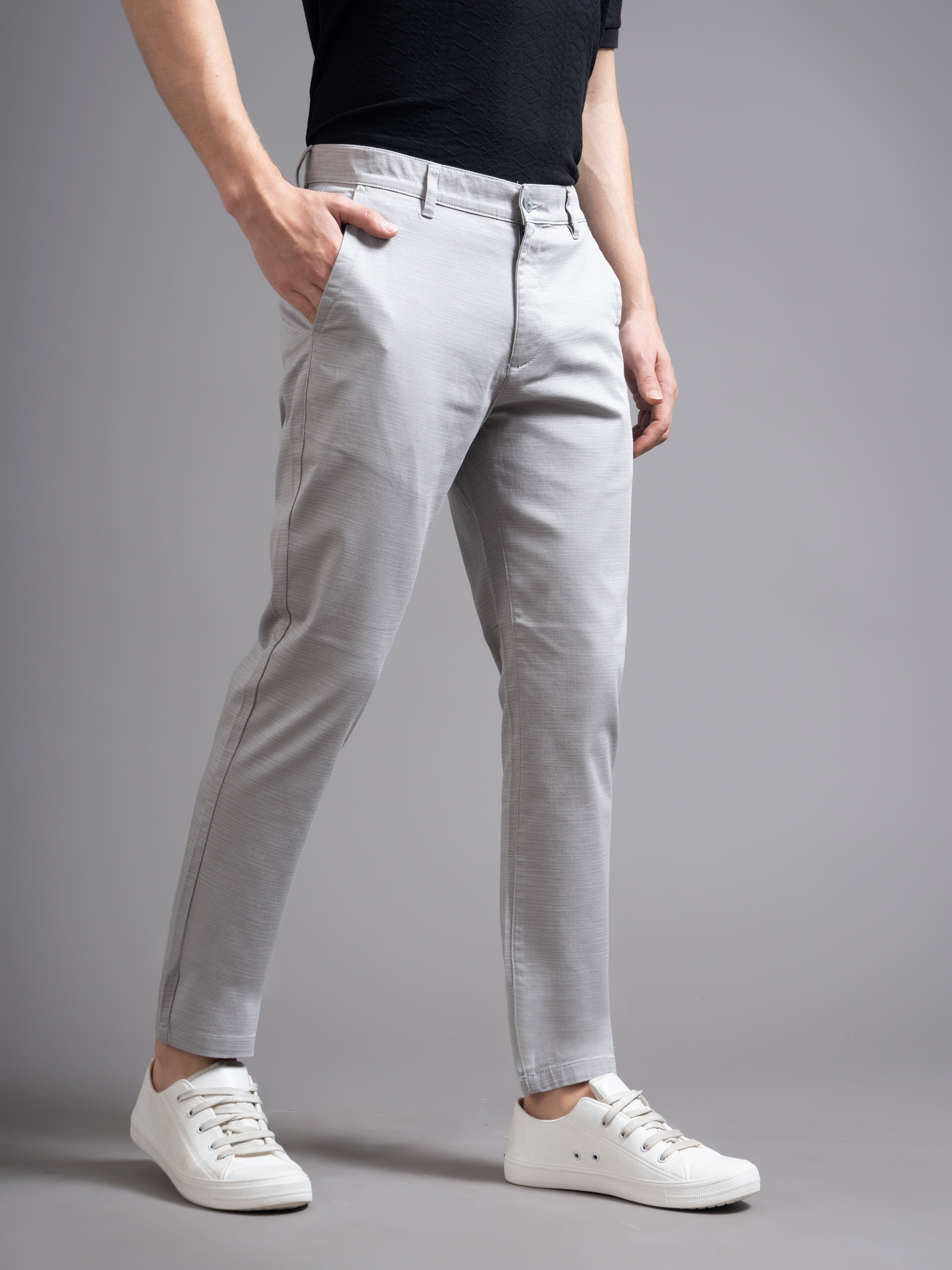 Men Solid Comfort Slim Fit Low-rise Cotton Chinos Trousers