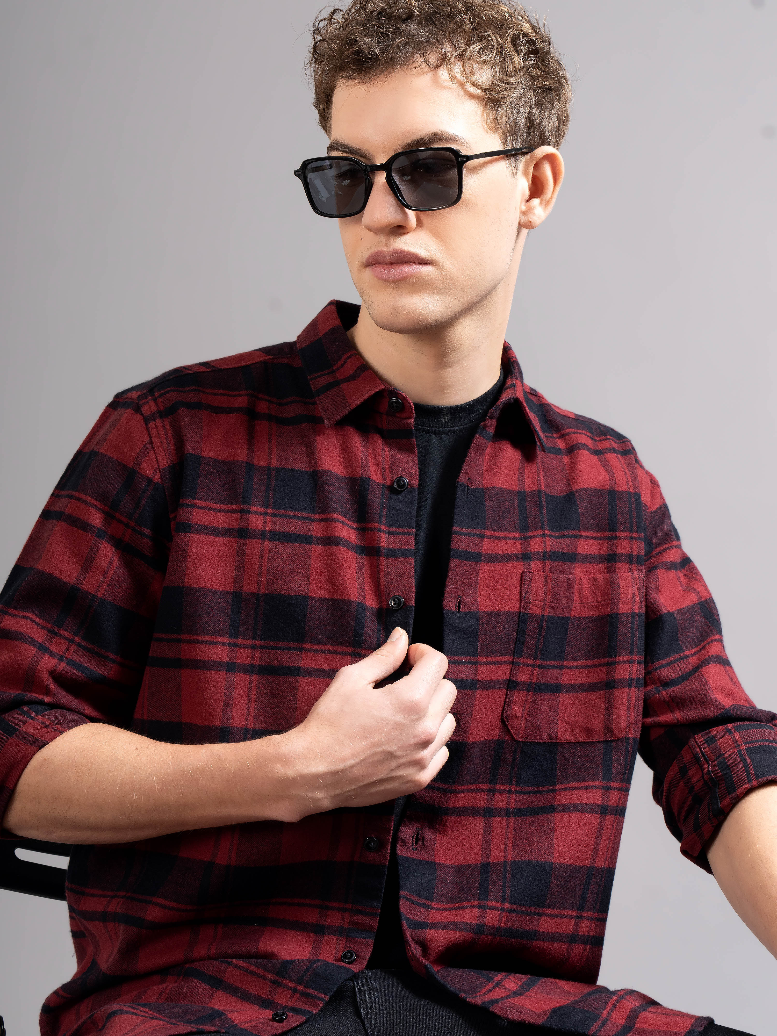 Men Smart Relaxed Fit Tartan Checked Spread Collar Cotton Casual Shirt