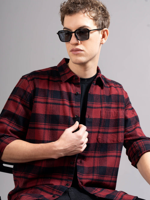 Men Smart Relaxed Fit Tartan Checked Spread Collar Cotton Casual Shirt