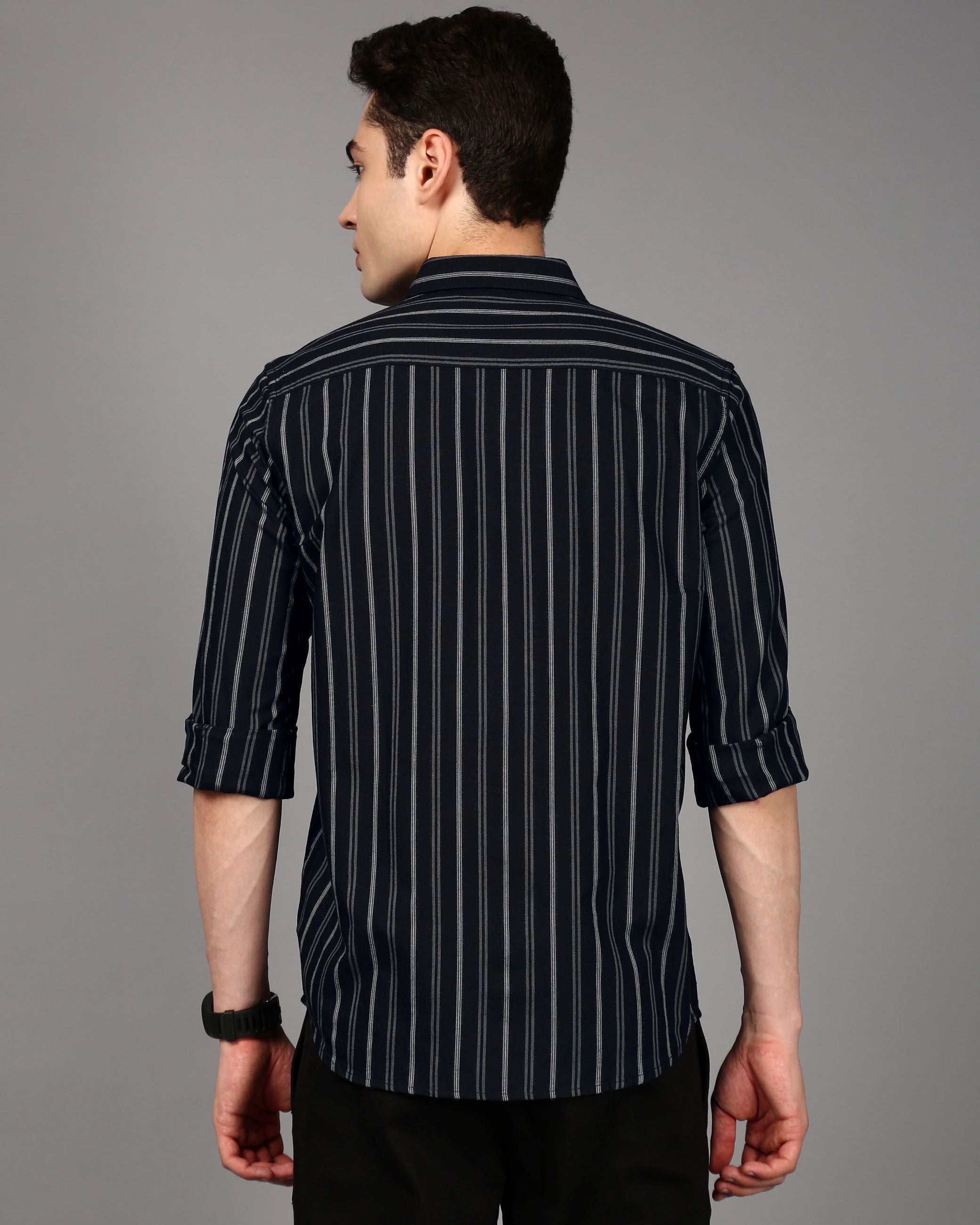 Men Comfort Fit Vertical Striped Spread Collar Cotton Casual Shirt