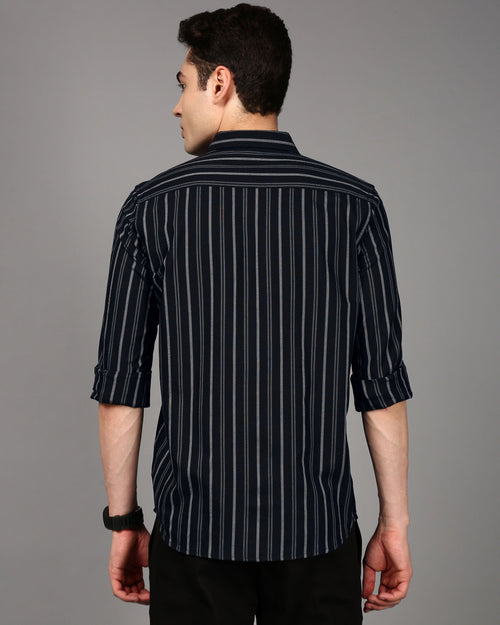 Men Comfort Fit Vertical Striped Spread Collar Cotton Casual Shirt