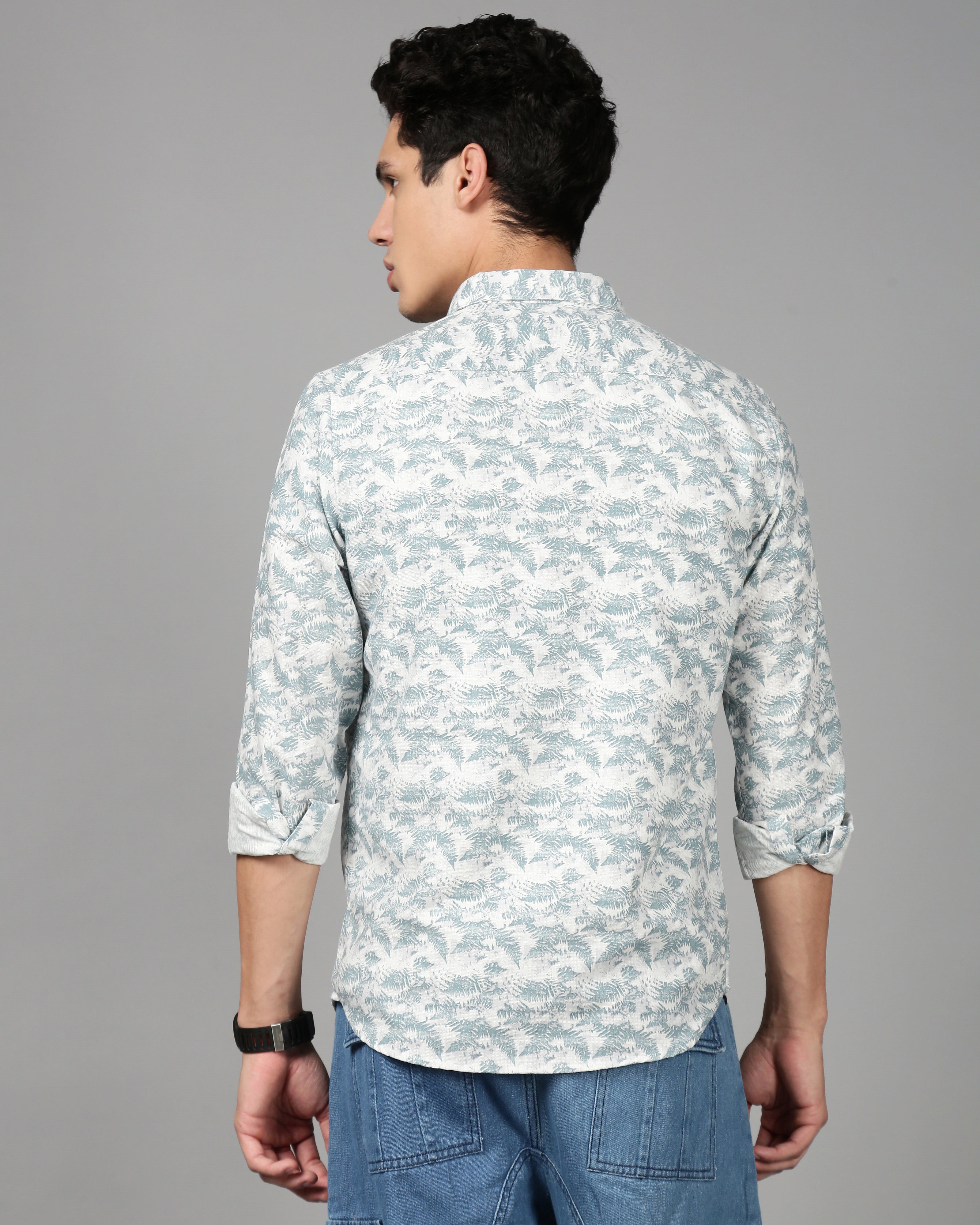 Men Smart Slim Fit Floral Printed Spread Collar Cotton Casual Shirt