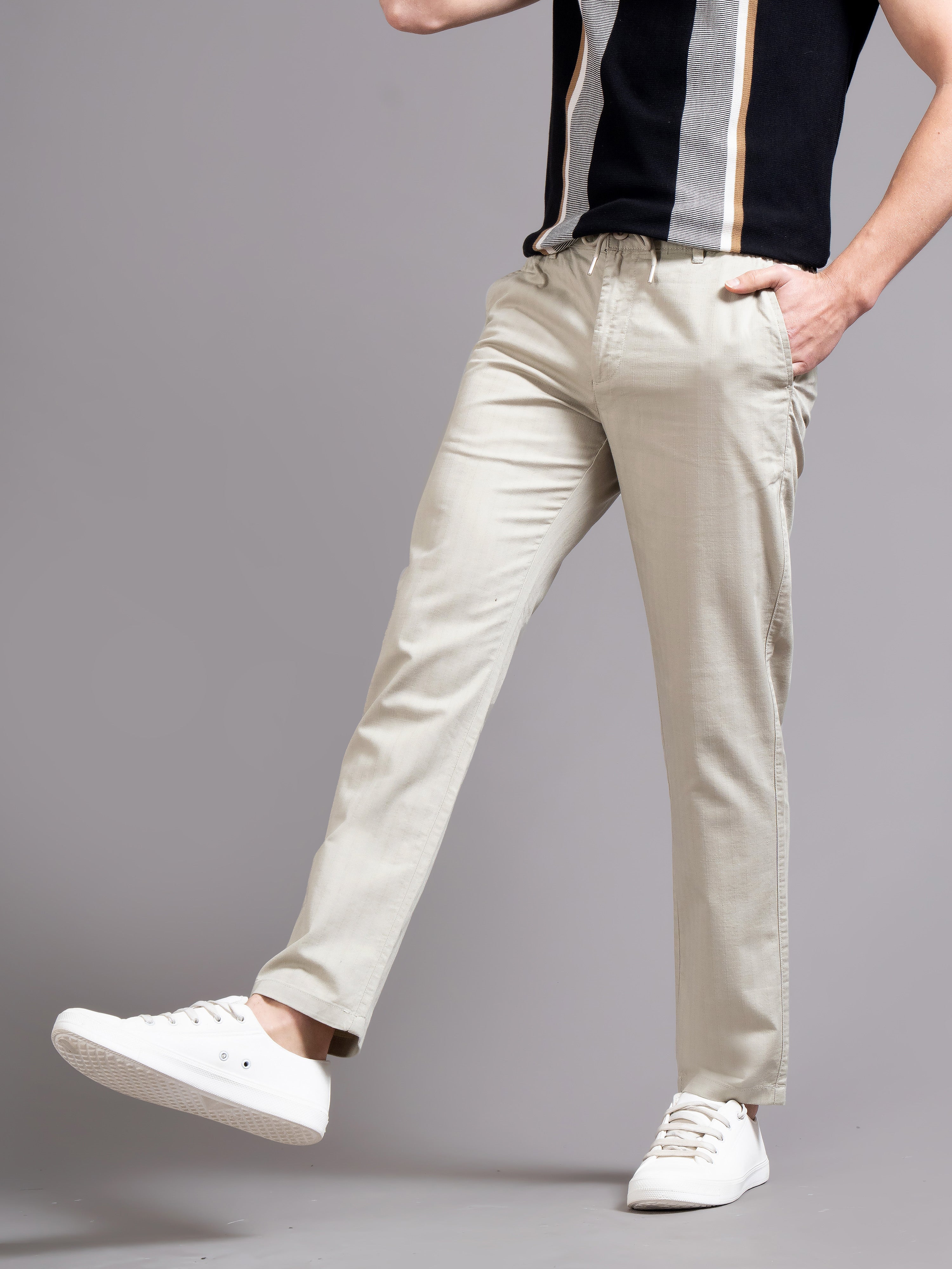 Men Smart Stripped Ankel Fit Low-Rise Chinos Trousers