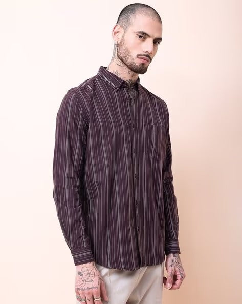 Men Comfort Button-Down Collar Vertical Striped Cotton Casual Shirt