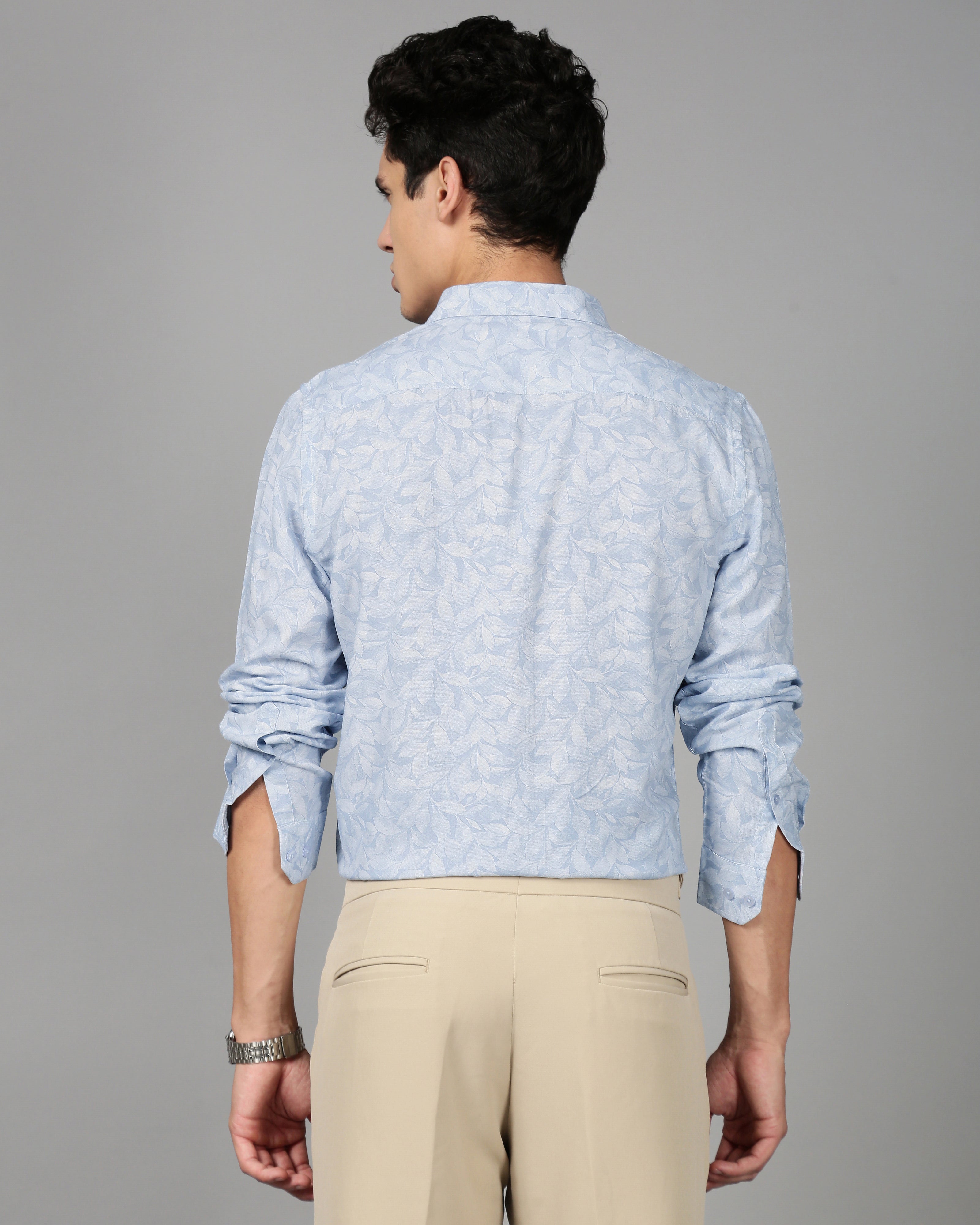 Men Smart Slim Fit Floral Printed Spread Collar Cotton Formal Shirt