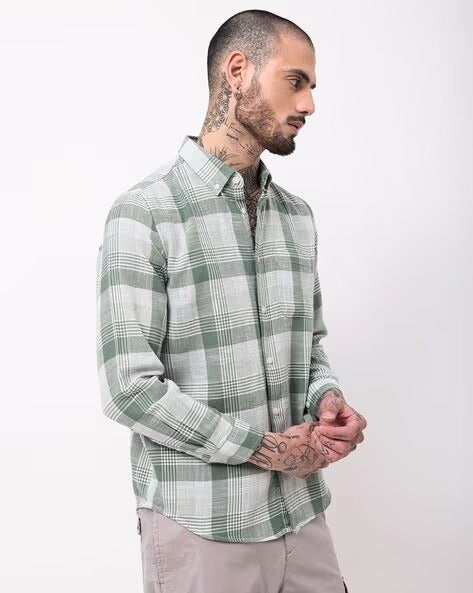 Men Comfort Button-Down Collar Tartan Checked Cotton Casual Shirt
