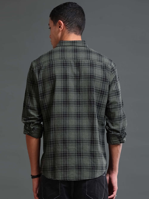 Men's Melange Twill Olive Checks Shirts