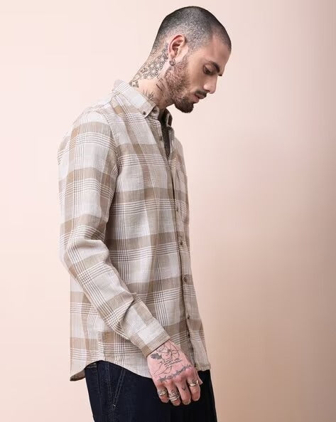Men Comfort Button-Down Collar Tartan Checked Cotton Casual Shirt