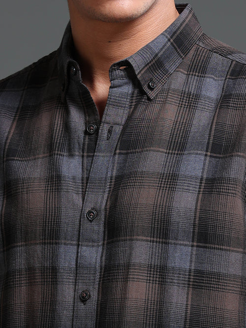 Men's Melange Twill Brown Checks Shirts