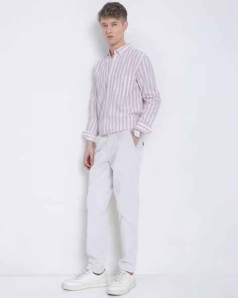 Men Smart Fit Vertical Striped Button-Down Collar Cotton Casual Shirt