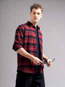 Men Smart Relaxed Fit Tartan Checked Spread Collar Cotton Casual Shirt