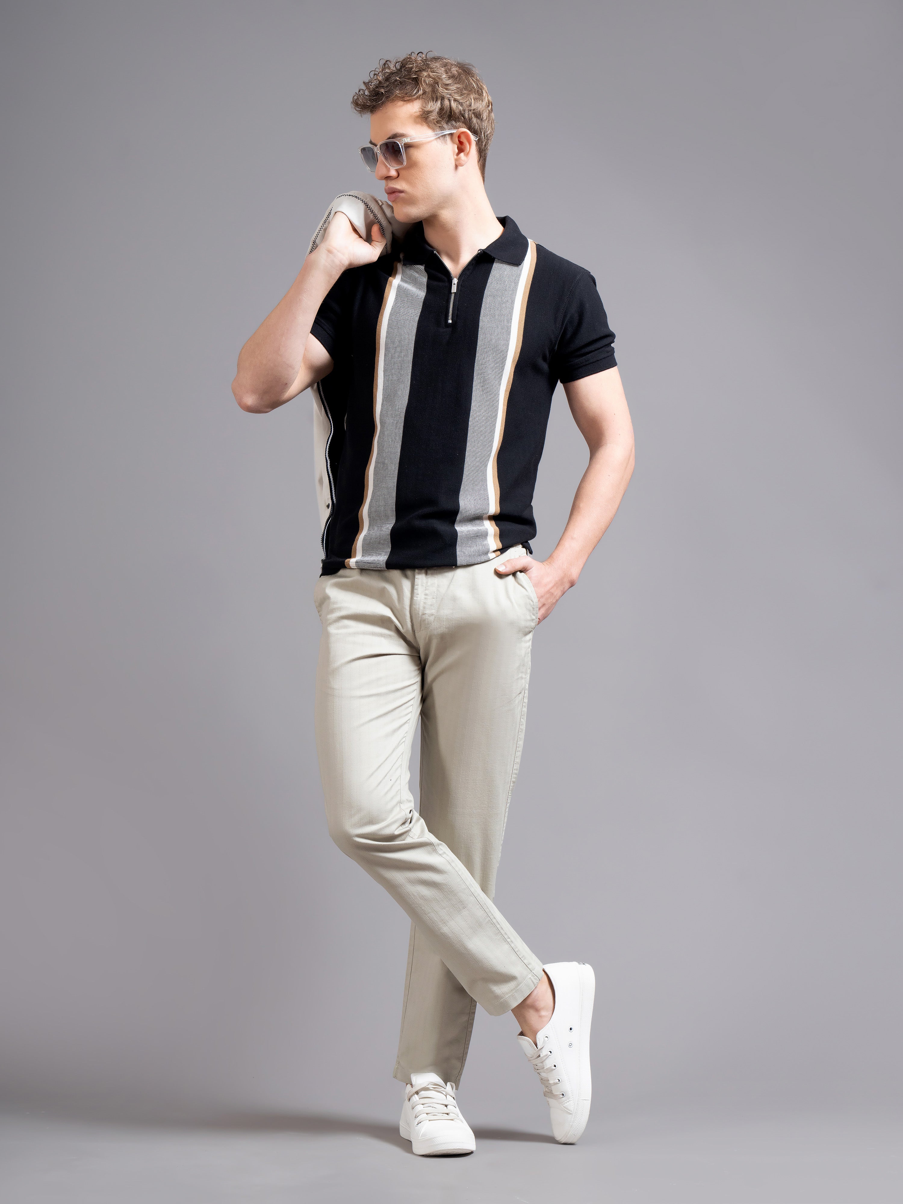 Men Smart Stripped Ankel Fit Low-Rise Chinos Trousers