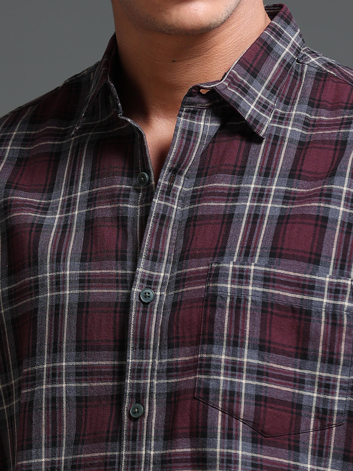 Men Melange Twill Burgundy Checks Shirts