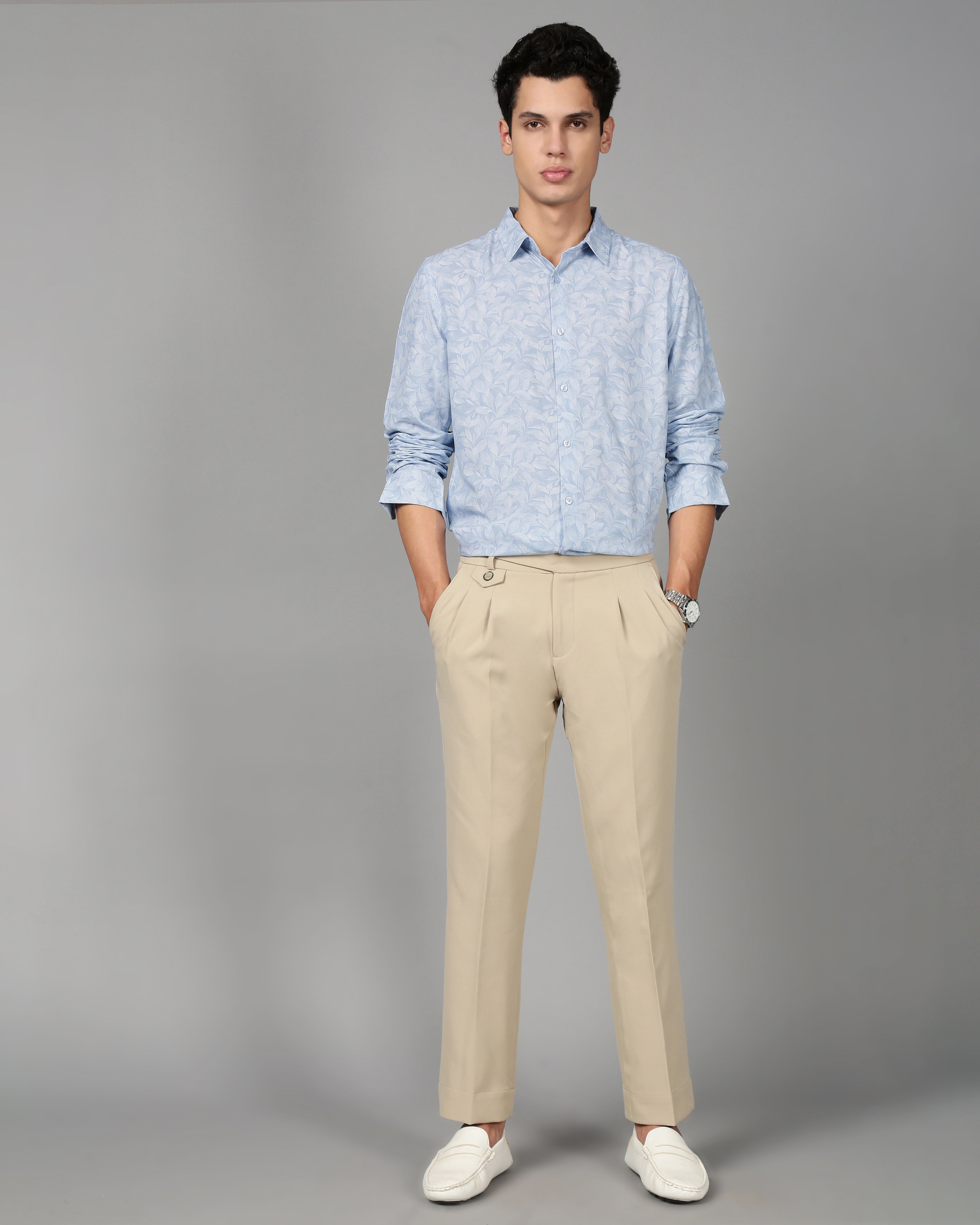 Men Smart Slim Fit Floral Printed Spread Collar Cotton Formal Shirt