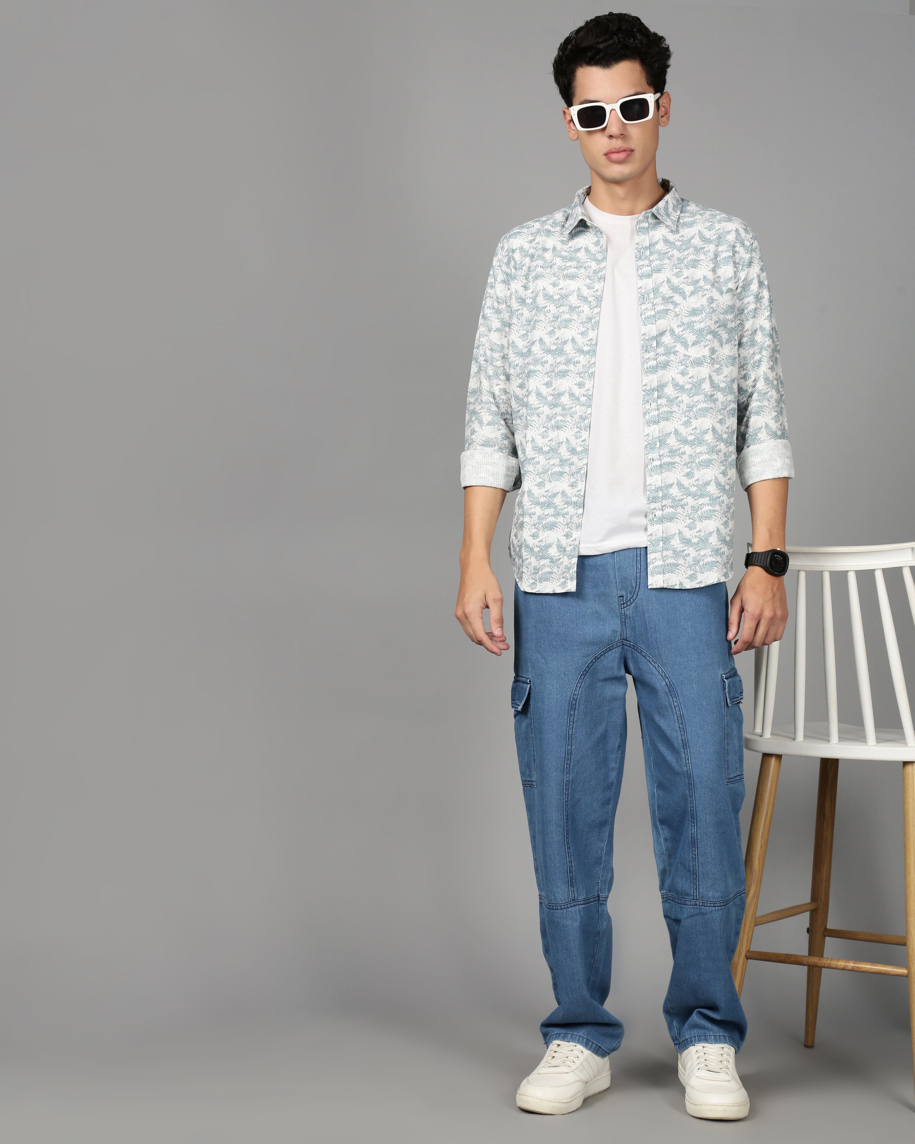 Men Smart Slim Fit Floral Printed Spread Collar Cotton Casual Shirt