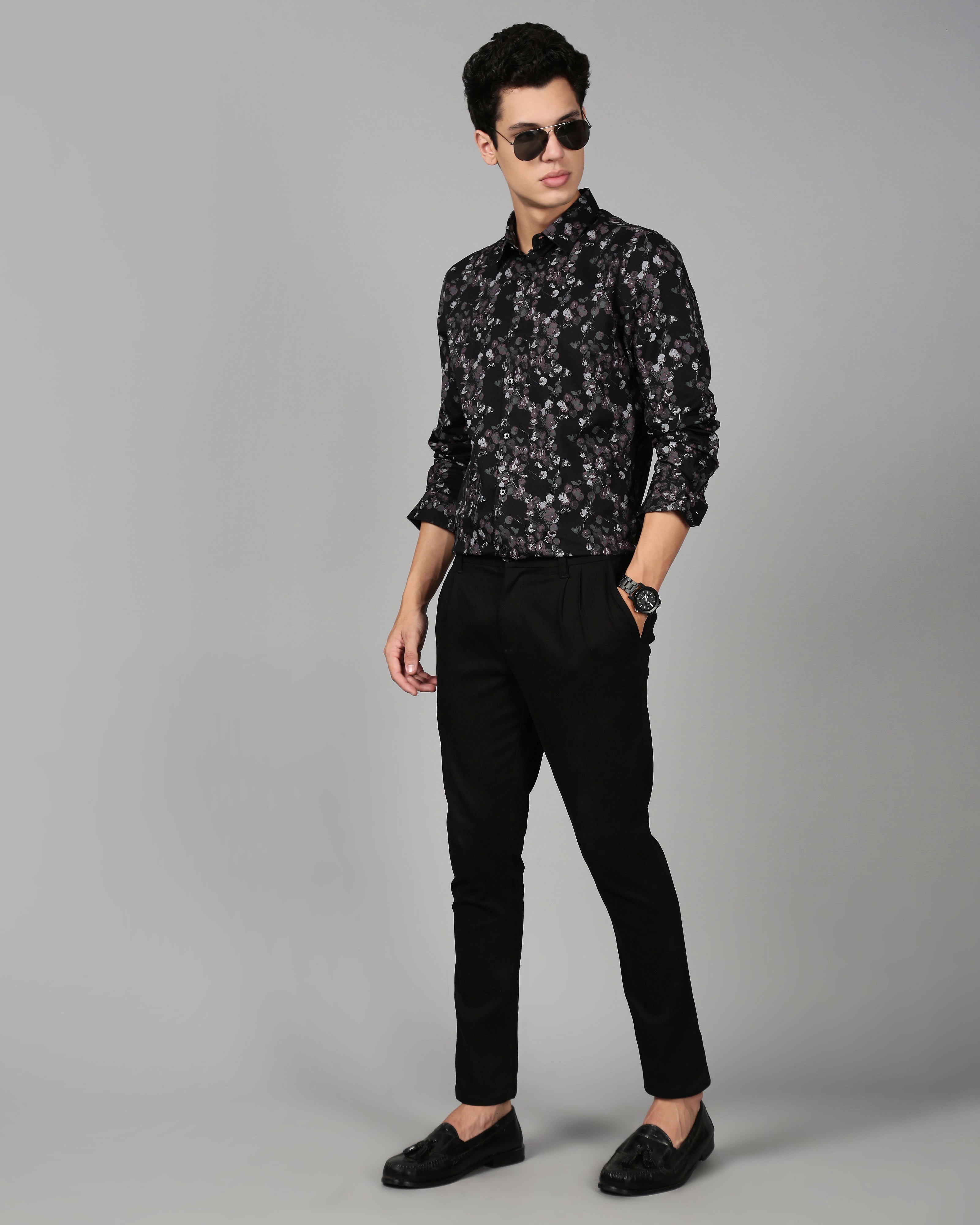 Smart Slim Fit Floral Printed Spread Collar Cotton Casual Shirt