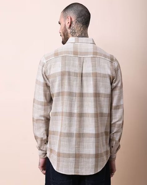 Men Comfort Button-Down Collar Tartan Checked Cotton Casual Shirt