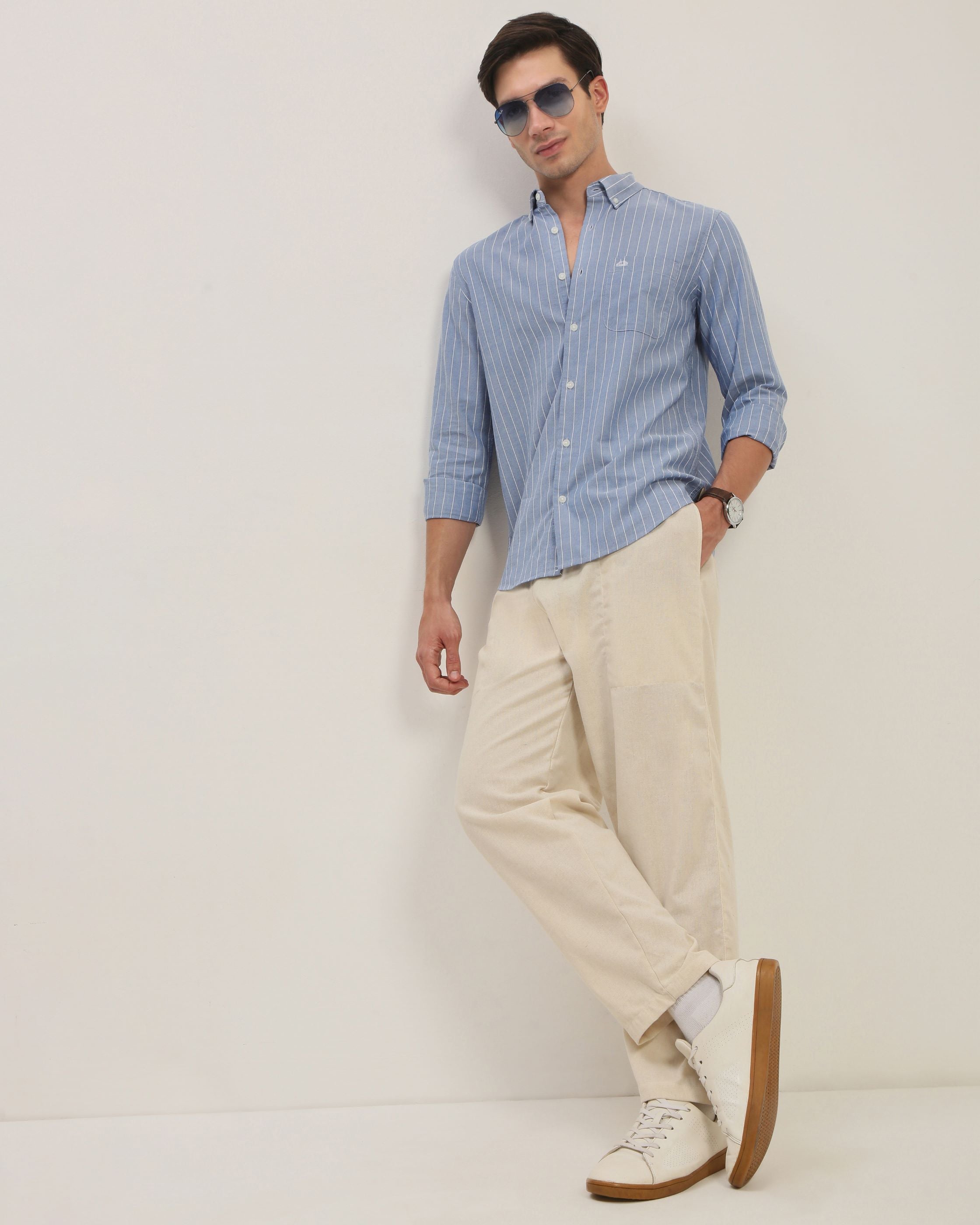 Men Smart Fit Vertical Striped Button-Down Collar Cotton Casual Shirt