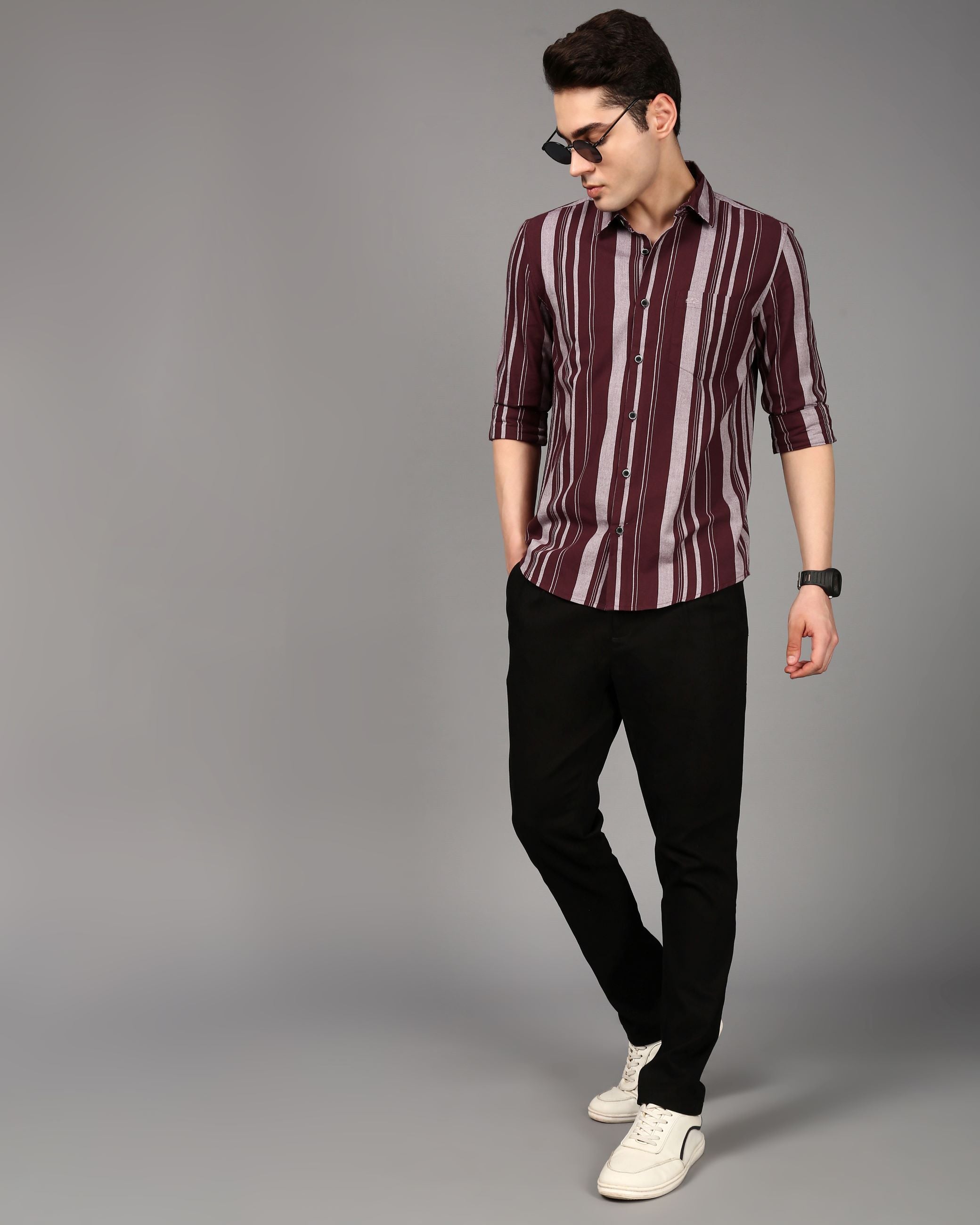 Men Comfort Slim Fit Vertical Striped Spread Collar Cotton Casual Shirt