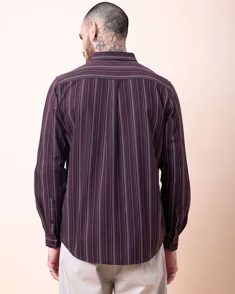 Men Comfort Button-Down Collar Vertical Striped Cotton Casual Shirt