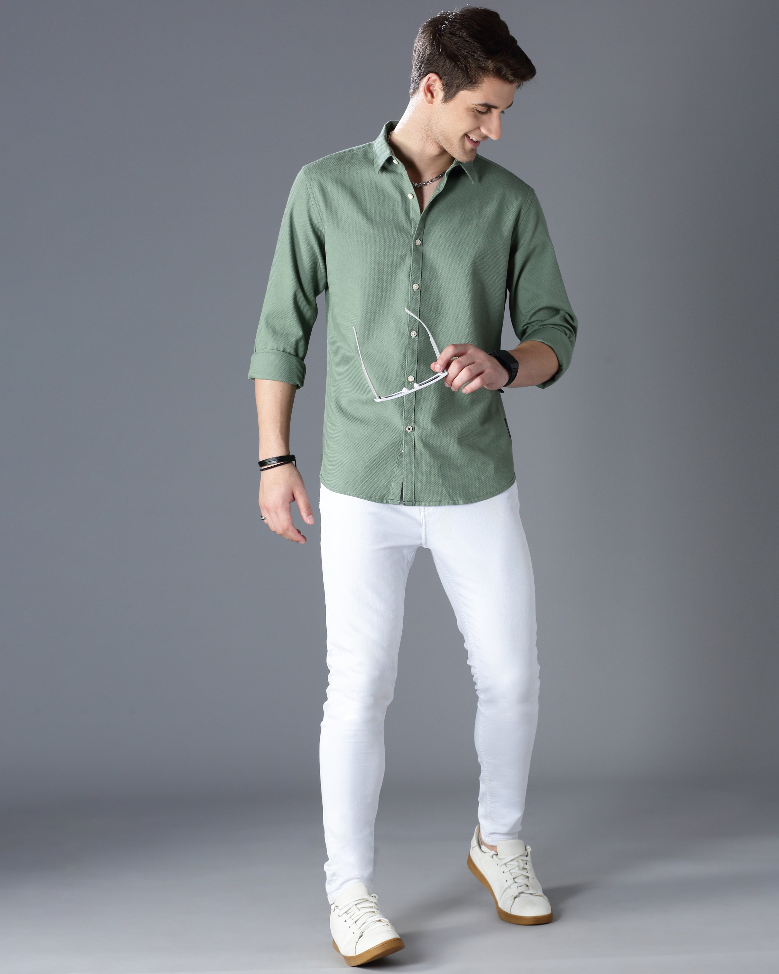 Green Self Design Dobby Casual Shirt