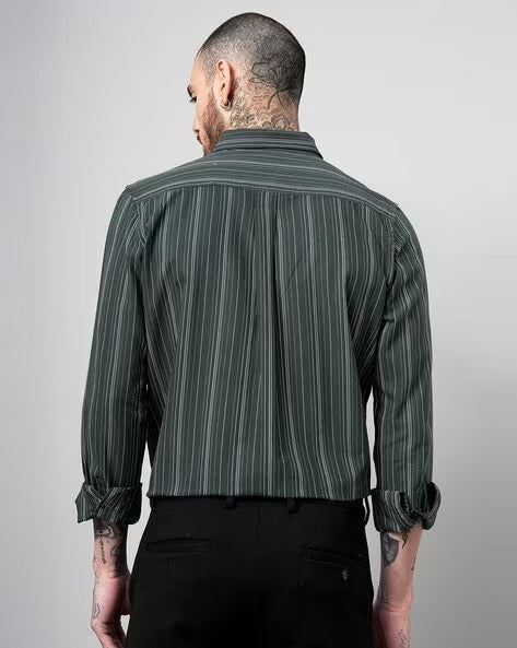 Men Comfort Button-Down Collar Vertical Striped Cotton Casual Shirt