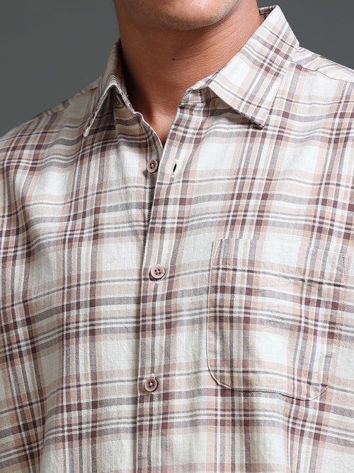 Men's Melange Twill Beige Checks Shirts