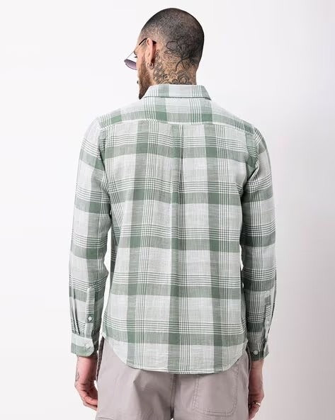 Men Comfort Button-Down Collar Tartan Checked Cotton Casual Shirt