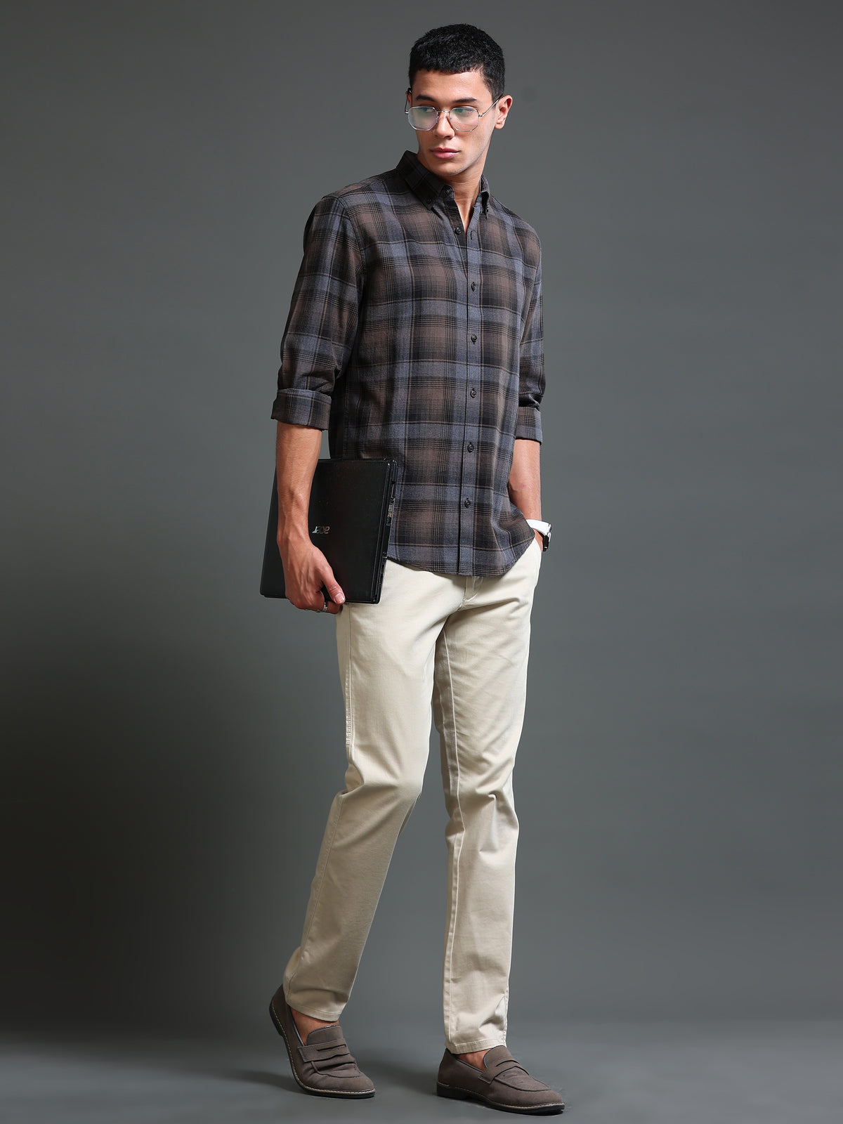 Men's Melange Twill Brown Checks Shirts