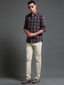 Men Melange Twill Burgundy Checks Shirts