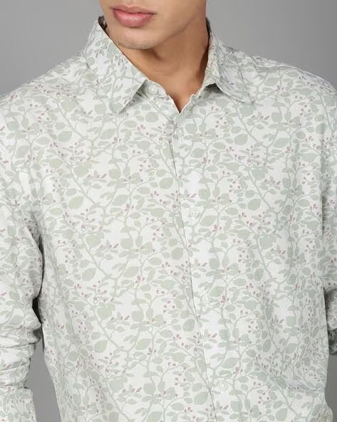 Men Smart Slim Fit Floral Printed Spread Collar Cotton Formal Shirt