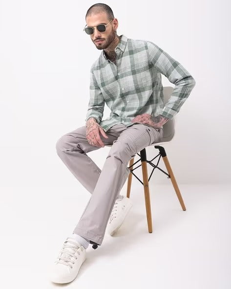 Men Comfort Button-Down Collar Tartan Checked Cotton Casual Shirt