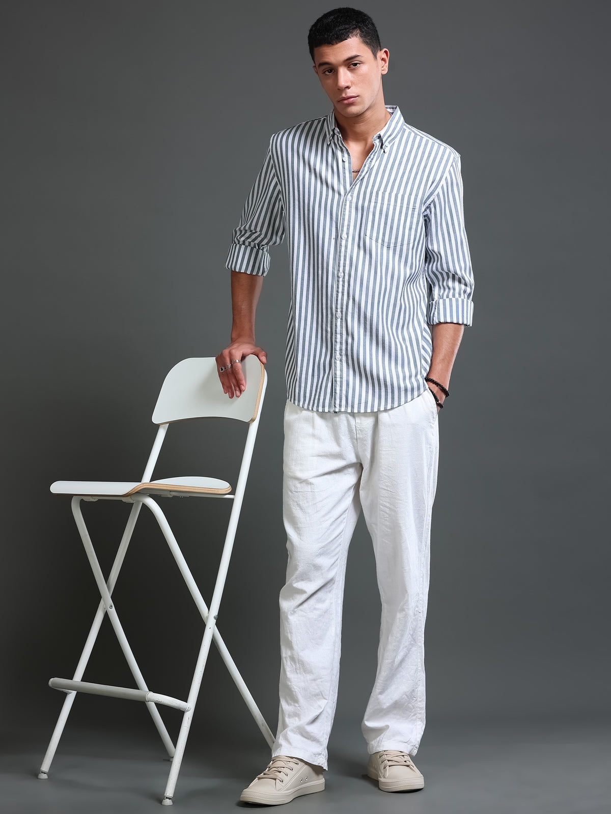 Men Stripes Green Shirts