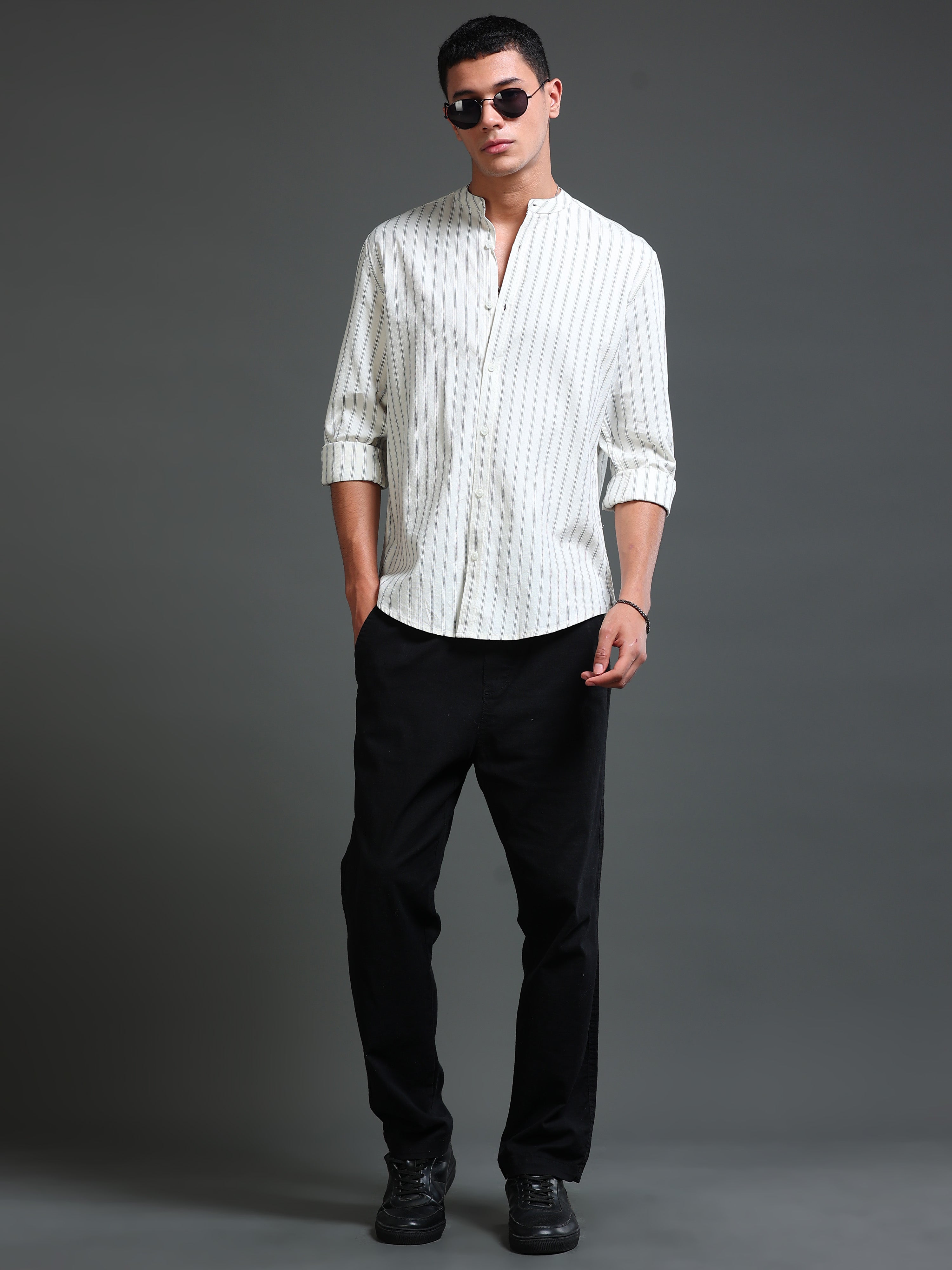 Men Stripes Cream Shirt