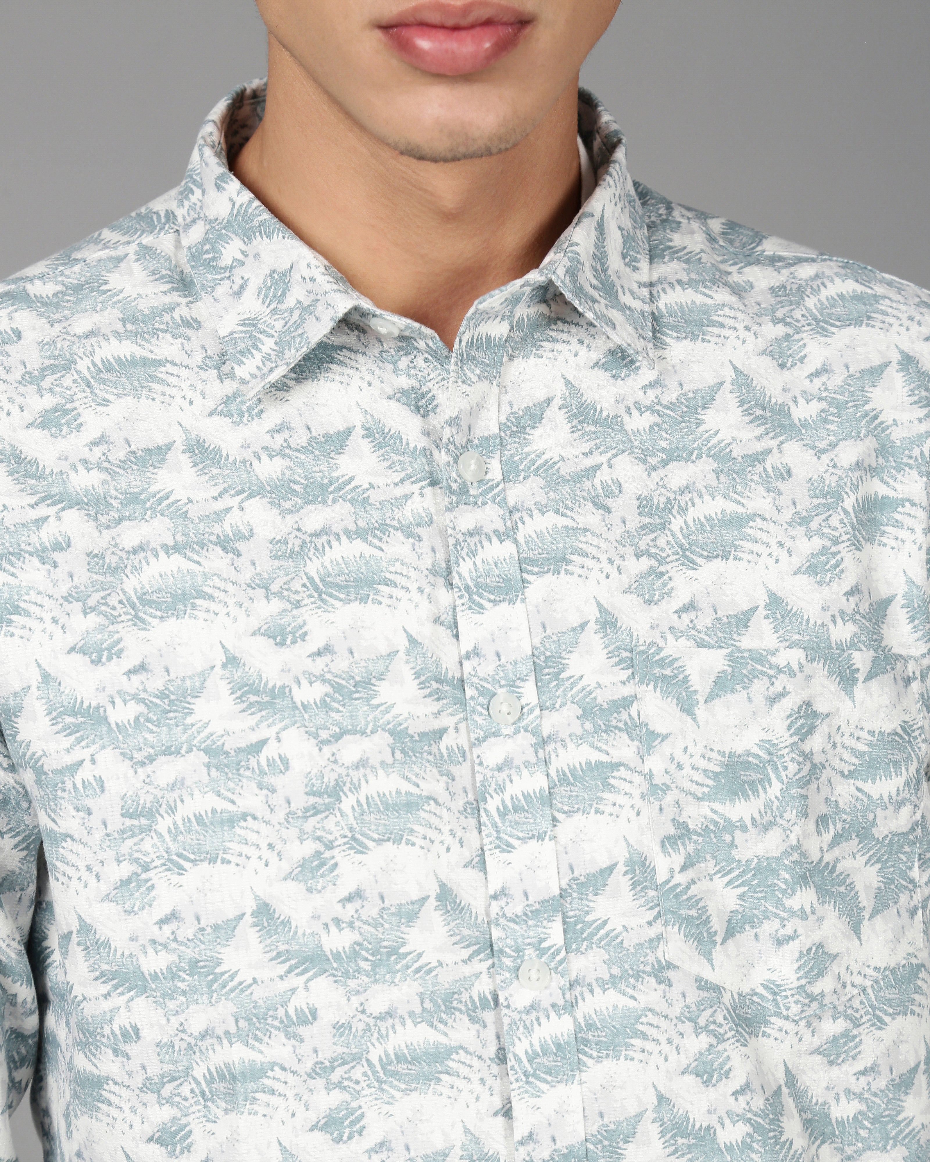 Men Smart Slim Fit Floral Printed Spread Collar Cotton Casual Shirt