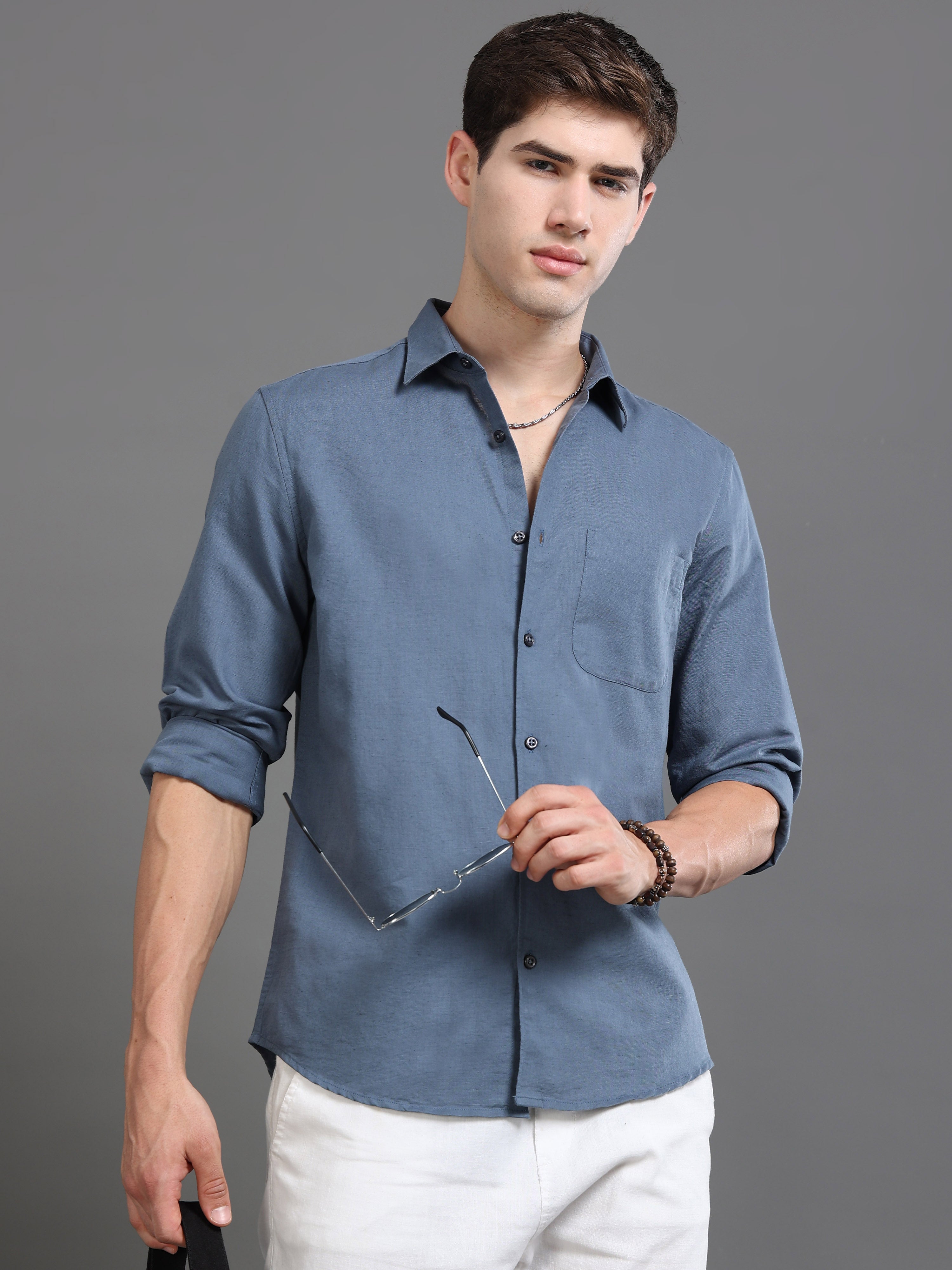 Men Smart Cotton Linen Slim Fit Shirt