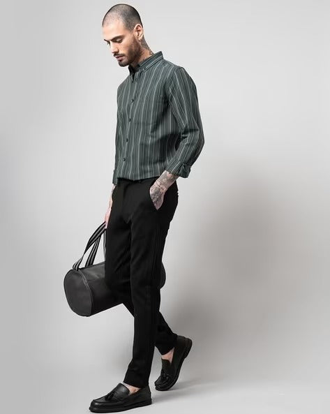 Men Comfort Button-Down Collar Vertical Striped Cotton Casual Shirt