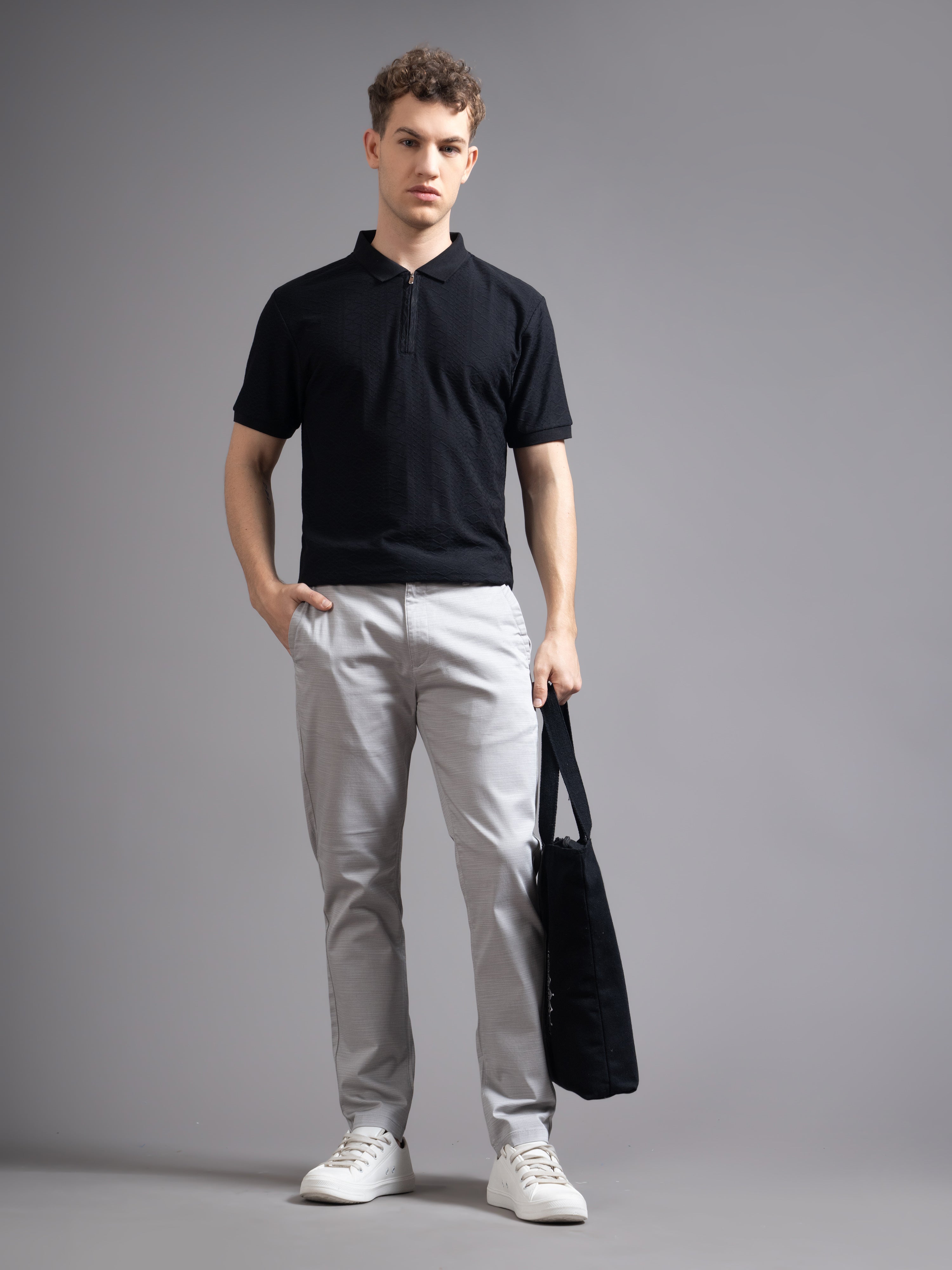 Men Solid Comfort Slim Fit Low-rise Cotton Chinos Trousers