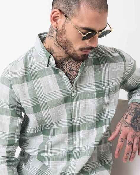 Men Comfort Button-Down Collar Tartan Checked Cotton Casual Shirt