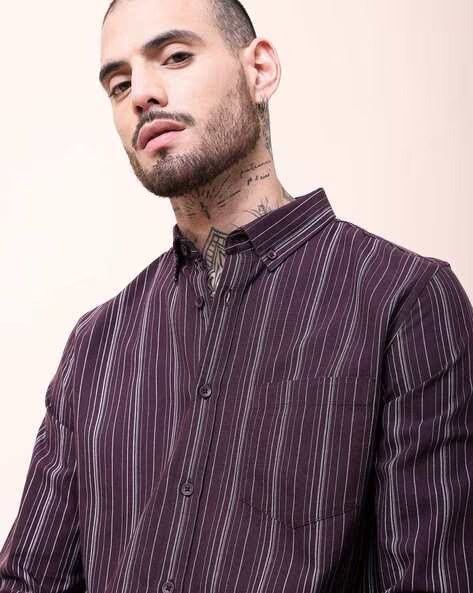 Men Comfort Button-Down Collar Vertical Striped Cotton Casual Shirt