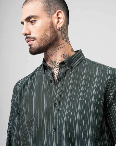 Men Comfort Button-Down Collar Vertical Striped Cotton Casual Shirt