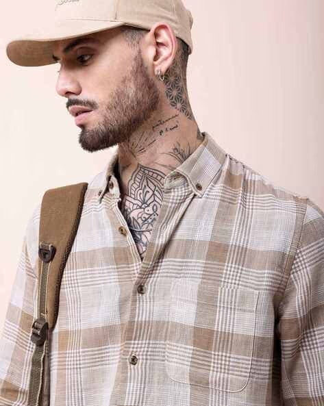 Men Comfort Button-Down Collar Tartan Checked Cotton Casual Shirt